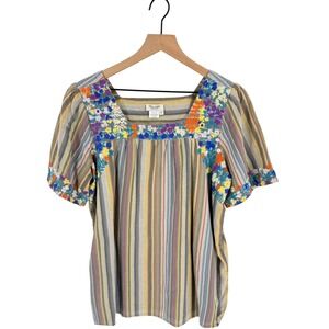 Tru Luxe Jeans Striped Embroidered Boho Top Size L  Artisan Linen Blend Earthy